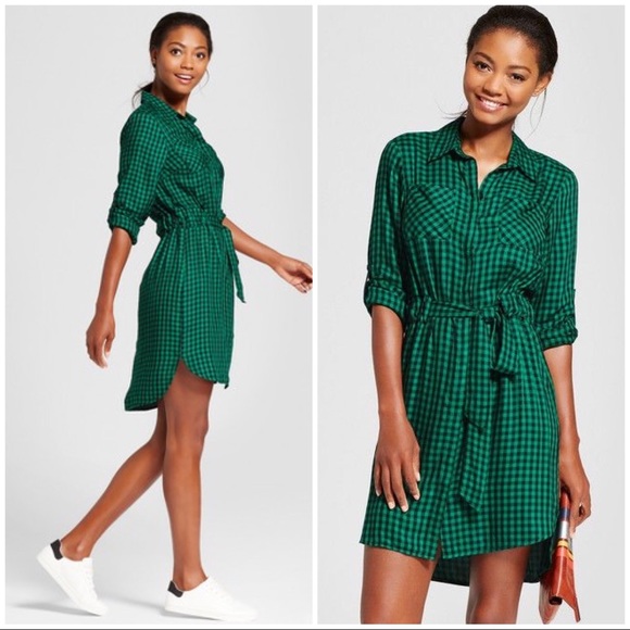 A New Day Dresses & Skirts - A New Day Green Gingham Plaid Shirt Dress M